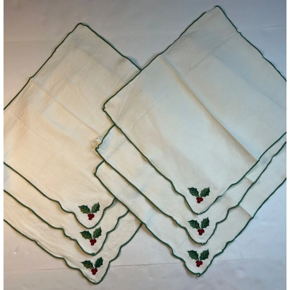 6 Embroidery Luncheon Napkins Christmas Napkins Holly Berries 17x15